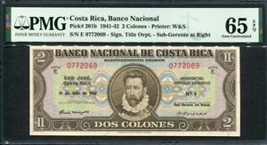 Costa Rica 1941-1942 ( 1942 ), 2 Colones, P201b, PMG 65 EPQ GEM UNC