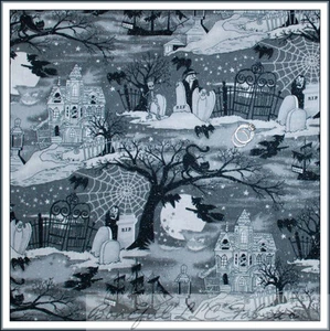 BonEful Fabric FQ Cotton Quilt B&W Halloween Glitter Toile Haunted House Cat Bat - Picture 1 of 6