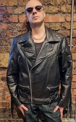 Celeb 100% Real Leather Black Men Biker Jacket Argyle Diamond Fringed (RRP £170) - Image 1 of 4