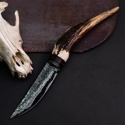 Готовый к подарку 12,3 дюйма дамасский/стальной нож с накладным монтажом для охоты + кожаные ножны - Изображение 1 из 4