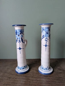 Set of 2 Ceramic Candle Sticks w/Handles Blue & White Hand Painted Italy - Picture 1 of 10