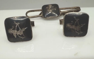 Juego de gemelos y barra de corbata negra de plata esterlina Siam bailarina hindú MCM * tal cual Foto 1 de 4