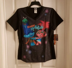 Trolls Poppy Branch Tooniforms Scrub Top Happy Holladays Holidays V-Neck Shirt - Picture 1 of 8