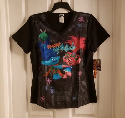 Trolls Poppy Branch Tooniforms Scrub Top Happy Holladays Holidays V-Neck Shirt - Image 1 of 4