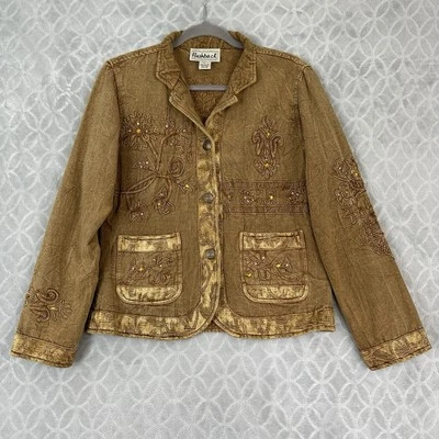 Chaqueta De Colección Flashback Petite L Lavada a Piedra Dorado Bronceado Adornada Boho Artística Informal Foto 1 de 4
