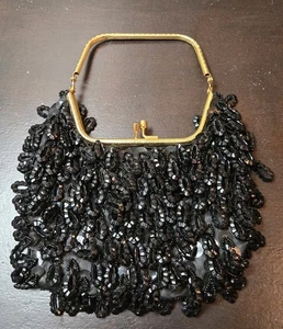Black Beaded Gold Handle Small Purse Evening Bag Kiss Closure - Picture 1 of 4