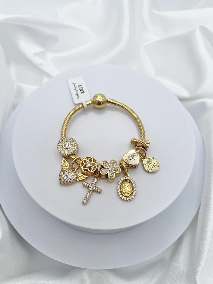 Brazalete de cadena de serpiente de oro amarillo Linx con dijes temáticos de mamá religiosa Foto 1 de 4