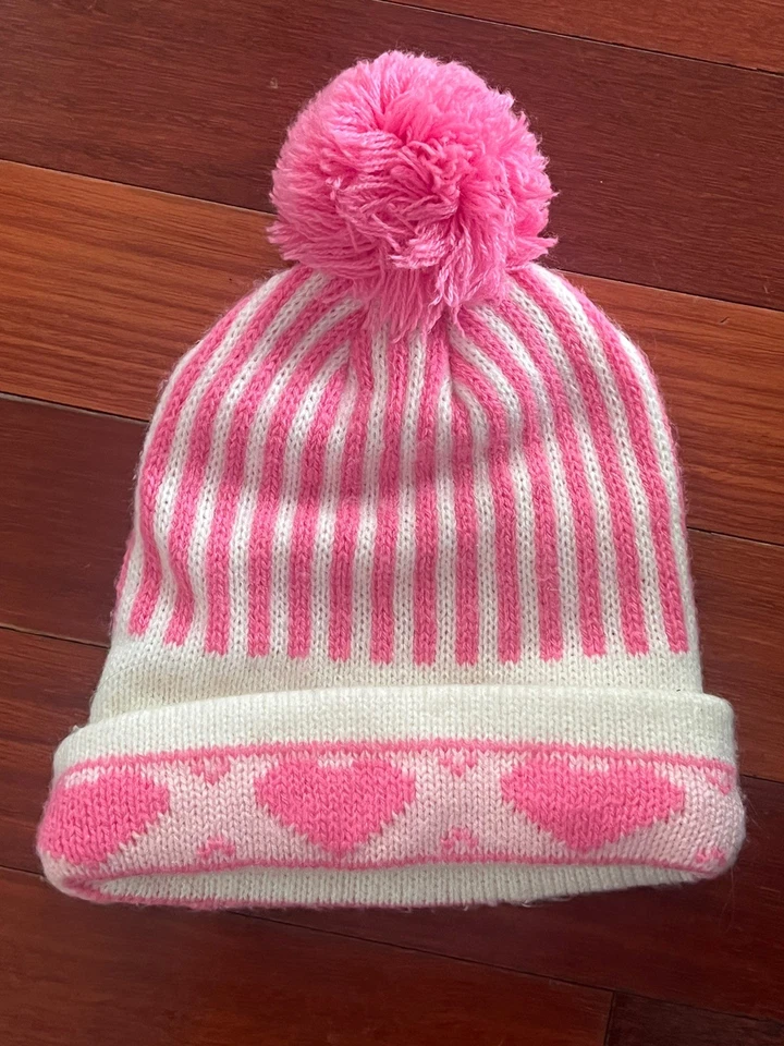 Gorro Pom de Invierno Vintage Años 80 100% Lana Niños Niñas Crema Rosa Blanco Corazones Foto 1 de 2
