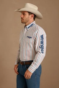 Neu mit Etikett Vintage Wrangler L/S Herrenhemden Knopfleiste blau Logo gesticktes Design - Bild 1 von 4
