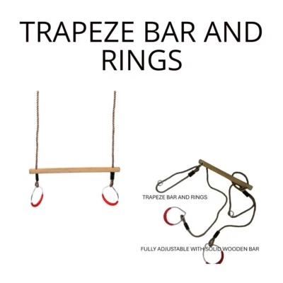 CHILDREN'S TRAPEZE BAR AND RINGS- FULLY ADJUSTABLE -WOODN BAR AND PLASTIC RINGS - Image 1 of 4