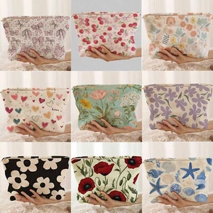 UK Fashion Women Girls Corduroy Floral Heart Star Zip Makeup Travel Storage Bag - Picture 1 of 77