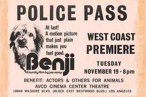 BENJI film Nov 19th 1974 West Coast Premiere Movie Ticket POLICE PASS Rare dog - Picture 1 of 2