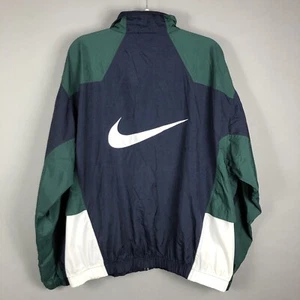 VTG Nike 90s Big Swoosh Winbreaker Jacket XL Blue Green White Full Zip Pockets - Picture 1 of 11