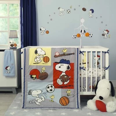 Bedtime Originals Snoopy™ Sports 3-Piece Crib Bedding Set - Blue, Red, Gray - Image 1 of 4