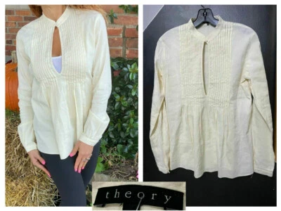 Blusa Theory Crema Lino Scrunch Pin Tuck Plisada Frontal Cerradura Manga Larga S Foto 1 de 4