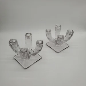 2 Fostoria Quadrangle Clear Ribbed 1930's Candlesticks - Picture 1 of 7