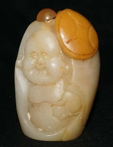 Chinesische Schnupftabakflasche mit weißem Jadekiesel geschnitzt m. lachendem Buddha-Motiv (LeS) G2 - Bild 1 von 12