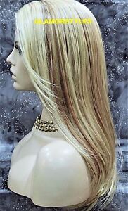Human Hair Blend Lace Front Full Wig Long Layered Straight Light Blonde Mix NWT