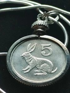 1980 Zimbabwe Rabbit coin pendant 18" Silver Chain, declining species scrub hare - Picture 1 of 7
