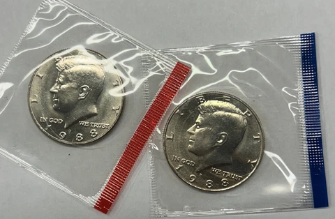 1988 P&D Kennedy Half Dollars from Mint Set in Mint Cello with Free Shipping Cover