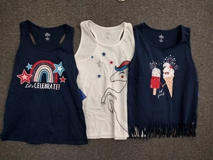 Girls 3 Pack Tank Blue 4th of July / Ice Cream + White Unicorn Patriotic Top M - Picture 1 of 8
