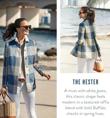 Jaqueta xadrez J. McLaughlin Hester xadrez búfalo Gingham azul creme tamanho XS - Imagem 1 de 4