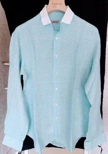 BRIONI LINEN CHECKED WATER GREEN WHITE COLLAR SHIRT TOM FORD KITON ZEGNA KITON M - Foto 1 di 20