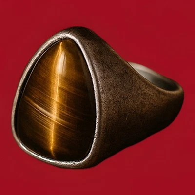 Vintage 1970s - Tiger’s Eye Signet Ring / Geometric Shield Shape / Silver Tone - image 1 of 4