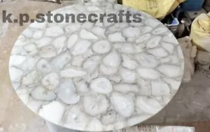 White Agate Coffee Table Top Natural Stone Handmade Work For Home Decor - Picture 1 of 7