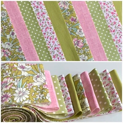 ROSE AND HUBBLE AND JOHN LOUDEN FABRICS 10 100% cotton fabric strips 2.5” x 42” jelly roll quilting sage green pink Z96