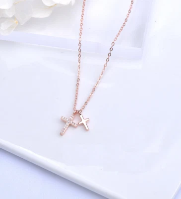 Collar de cadena pequeño de plata de ley 925 con colgante de cruz de doble circonita cúbica de 16-18" regalo B42 Foto 1 de 4