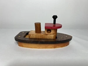 7” X 3 1/4” HANDMADE WOODEN BLACK & RED TUG BOAT - Picture 1 of 6