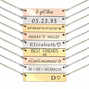 Personalized Stainless Steel Name Bar Engraved Pendant Necklace Custom Jewelry - Picture 1 of 19