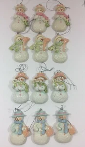 Set of 12 Ceramic Snowmen Snowladies 4 Unique Designs - Pink Blue Hats Glitter - Picture 1 of 6