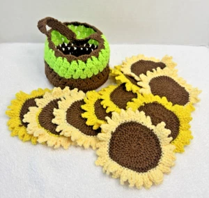 Cesta de ganchillo hecha a mano y 10 girasoles de ganchillo sueltos niña con flores, fingir - Imagen 1 de 7
