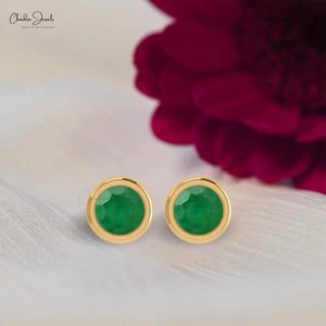 14k Solid Gold Natural Green Emerald 5mm Round Cut Solitaire Stud Women Earrings - Picture 1 of 22