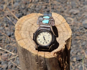 Reloj Flexible Vintage Nativo Americano Piedra Turquesa Hecho a Mano Plata de Ley - Imagen 1 de 8