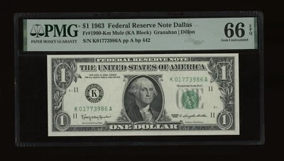 DBR 1963 $1 FRN Dallas Mule Gem Fr. 1900-Km PMG 66 EPQ Serial K01773986A - Image 1 of 2