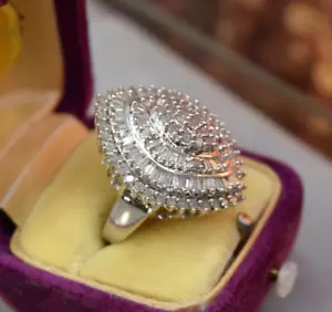 Vintage Sterling Huge 112 Round Baguette Diamonds Cluster Waterfall Ring sz 8.25 - Picture 1 of 14