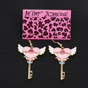 Betsey Johnson Pink Enamel Crystal Wing Heart Key  Dangle Earrings w/velvet bag - Picture 1 of 2