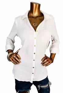 Dana Buchman L Top NWT White Textured Logo Golden Button Up Shirt 3/4 Sl Blouse - Picture 1 of 10