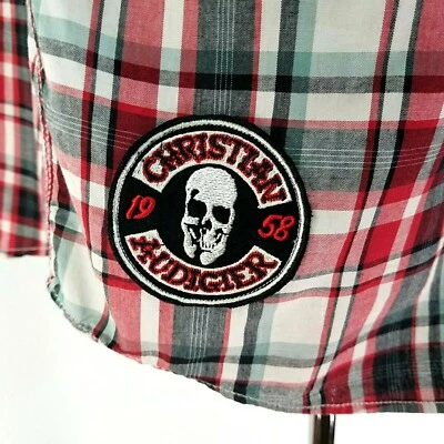 Camisa a Cuadros CHRISTIAN AUDIGIER Negra Roja Cosida Logo/Parche de Calavera Para Hombre L Delgada NUEVA Foto 1 de 4