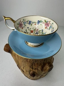 Taza de té y platillo Aynsley Pembroke Bird of Knowledge azul turquesa Inglaterra - Imagen 1 de 12