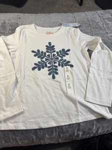 🥥  Girls Long Sleeve T-Shirt Cream Snowflake Size M (8) 🆕 - Picture 1 of 6