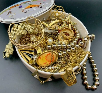 3 lb Vintage Mixed Jewelry Jar Dish Full Gold Tone Necklace Bracelet Earrings - Image 1 of 4