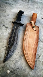 Custom Handmade Damaststahl Jagdmesser mit Lederscheide - Full Tang - Bild 1 von 6