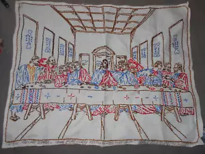 VINTAGE HAND EMBROIDERED LINEN SAMPLER ~ THE LAST SUPPER ~ 16 X 20 TEXTILE RARE - Picture 1 of 4