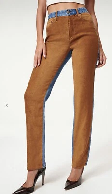 NWT GOOD AMERICAN Good Icon Suede Mixing Blue Denim Brown Suede 00 - Image 1 of 3