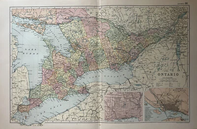 1893 Ontario with insets of Montreal & Toronto Antique Map by G.W. Bacon - Image 1 of 3