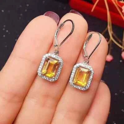 4Ct Emerald Cut Lab Created Yellow Citrine Dangle Earrings 14K White Gold Plated - Image 1 of 4